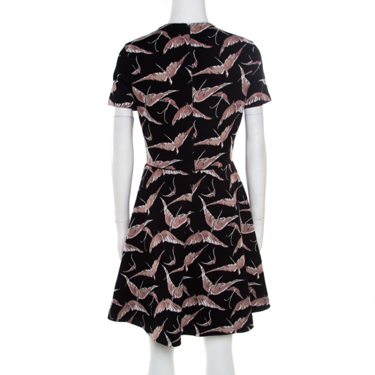Pre Owned Valentino Black and Pink Bird Print Jacquard Knit Fit and Flare Dress M