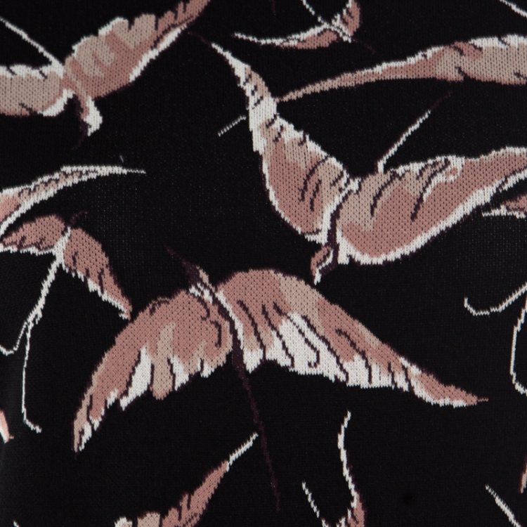 Pre Owned Valentino Black and Pink Bird Print Jacquard Knit Fit and Flare Dress M