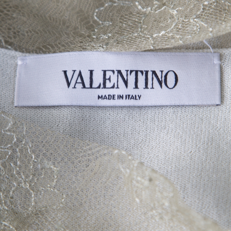 Pre Owned Valentino Mint Green Knit Floral Lace Overlay Boat Neck Top M