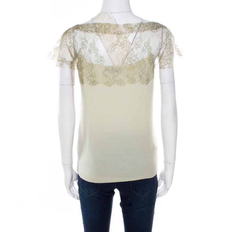 Pre Owned Valentino Mint Green Knit Floral Lace Overlay Boat Neck Top M
