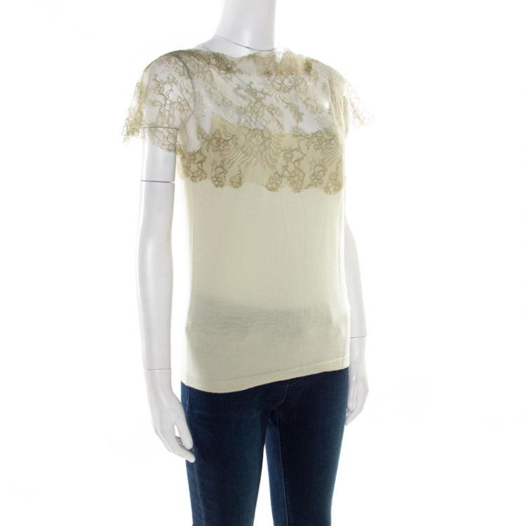Pre Owned Valentino Mint Green Knit Floral Lace Overlay Boat Neck Top M