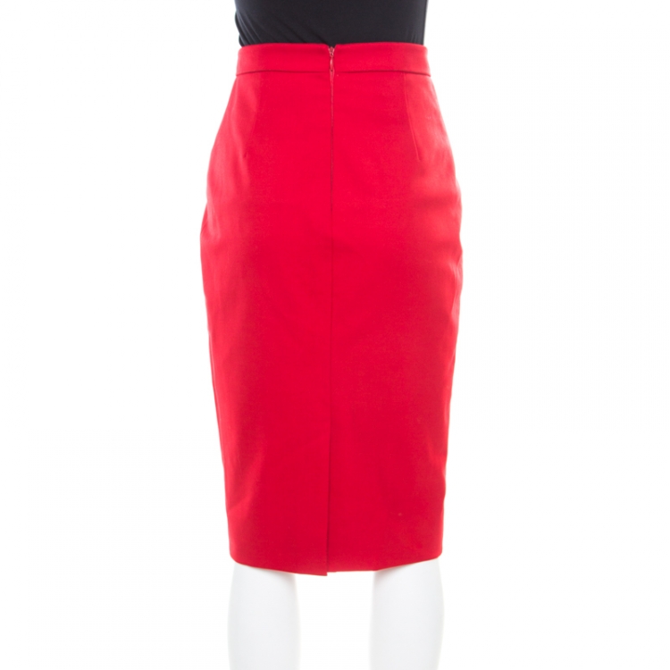 Pre Owned Valentino Technocouture Lipstick Red Fleece Wool Pencil Skirt S