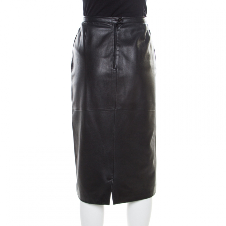 Pre Owned Valentino For Neiman Marcus Vintage Black Leather Midi Skirt M