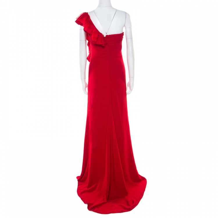 Pre Owned Valentino Red Ruffle Detail One Shoulder Gown M