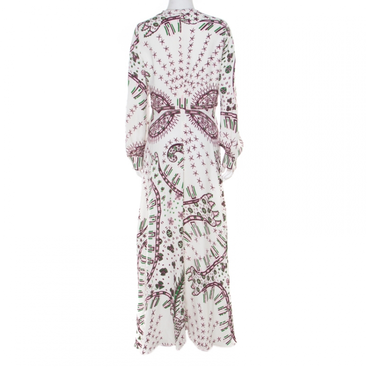 Pre Owned Valentino White Aztec Zandra Leopard Print Crepe Keyhole Neck Maxi Dress M