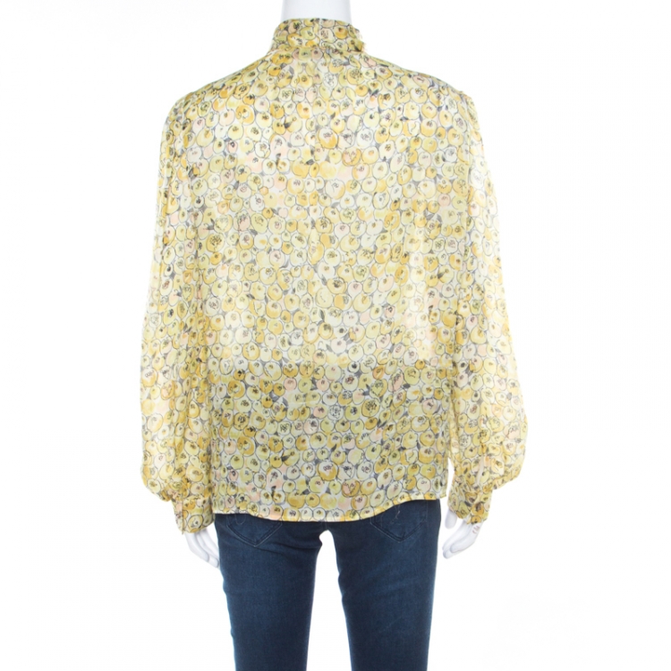 Pre Owned Valentino Multicolor Printed Silk Neck Tie Detail Long Sleeve Blouse M