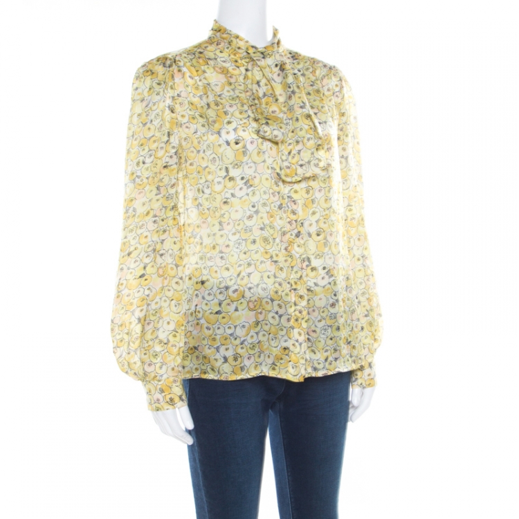 Pre Owned Valentino Multicolor Printed Silk Neck Tie Detail Long Sleeve Blouse M