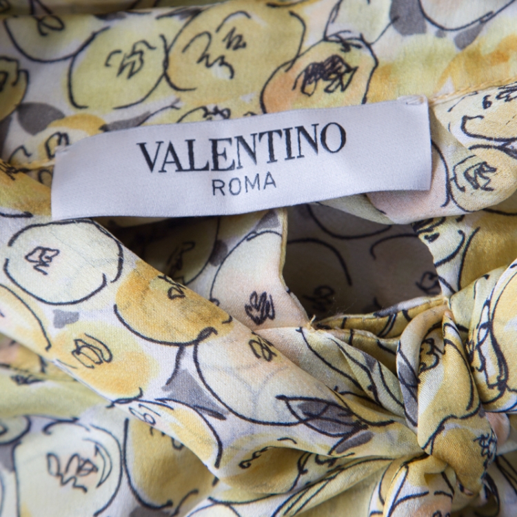 Pre Owned Valentino Multicolor Printed Silk Neck Tie Detail Long Sleeve Blouse M