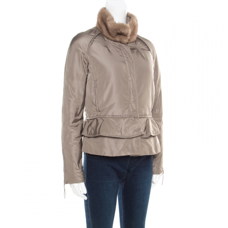 Pre Owned Valentino Brown Mink Fur Collar Detail Zip Front Jacket M
