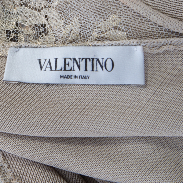 Pre Owned Valentino Beige Floral Lurex Lace Embellished Sleeve Detail Draped Top L