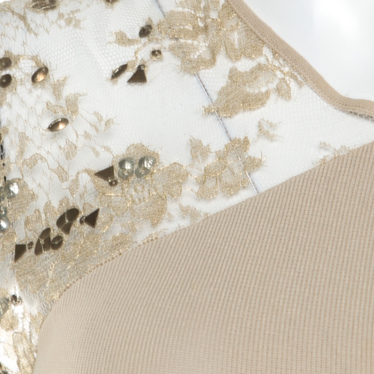 Pre Owned Valentino Beige Floral Lurex Lace Embellished Sleeve Detail Draped Top L