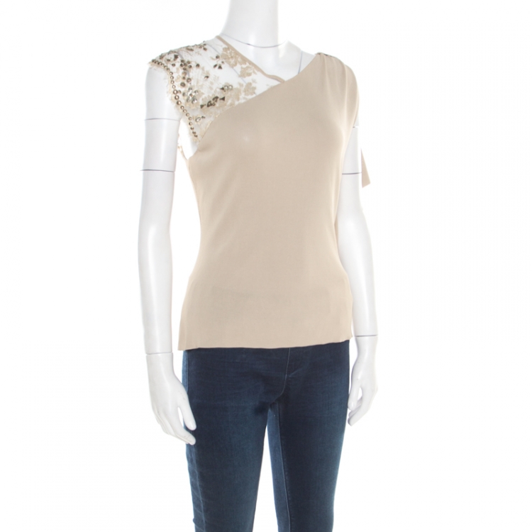 Pre Owned Valentino Beige Floral Lurex Lace Embellished Sleeve Detail Draped Top L