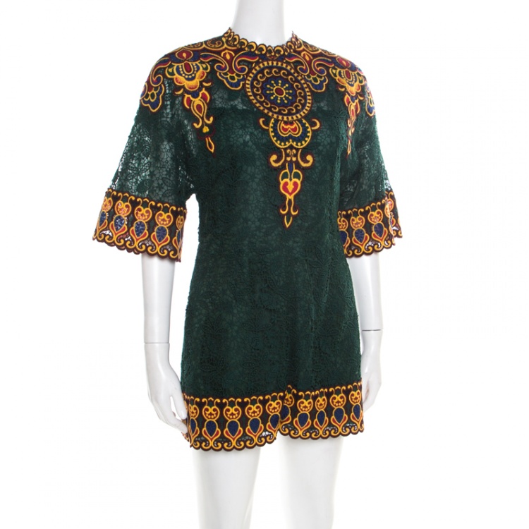 Pre Owned Valentino Forest Green Floral Guipure Lace Playsuit S
