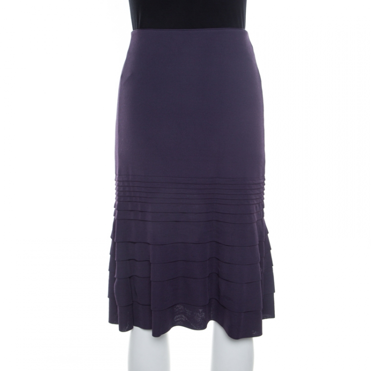 Pre Owned Valentino Purple Rib Knit Tiered Pleat Detail A Line Skirt M