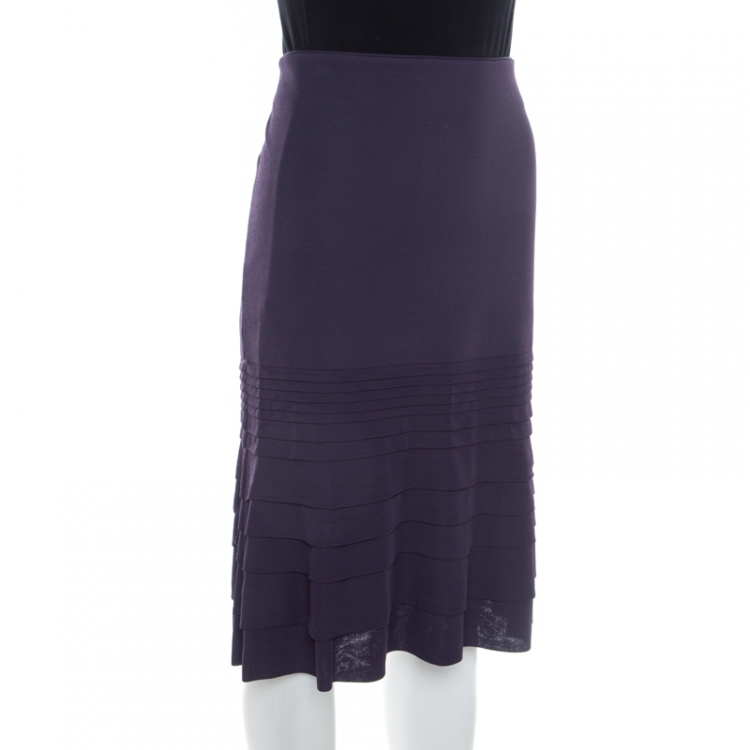 Pre Owned Valentino Purple Rib Knit Tiered Pleat Detail A Line Skirt M