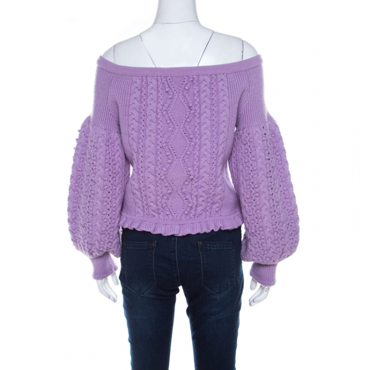 Pre Owned Valentino Lilac Cable Knit Wool Off Shoulder Sweater L