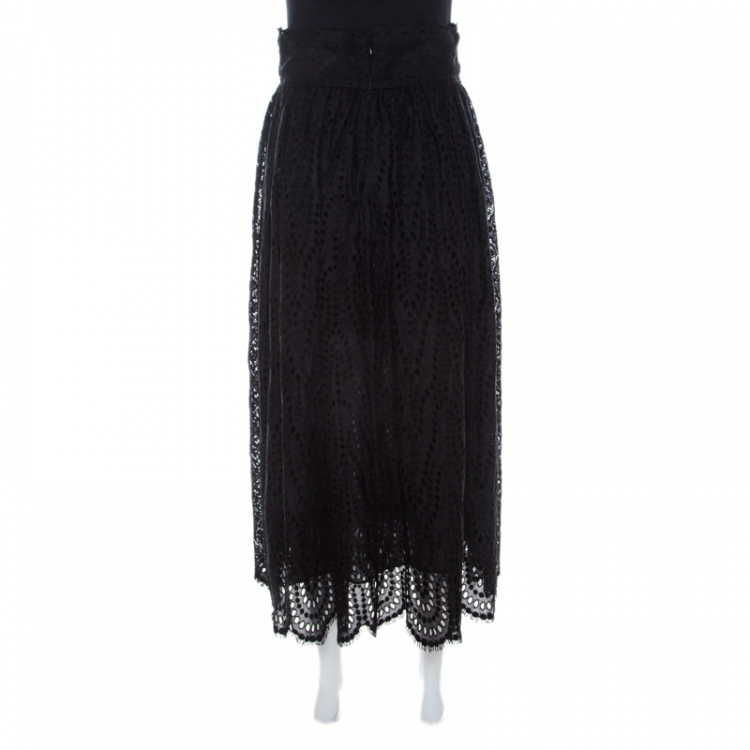 Pre Owned Valentino Black Sangallo Embroidered Cotton Lace Scalloped Maxi Skirt S