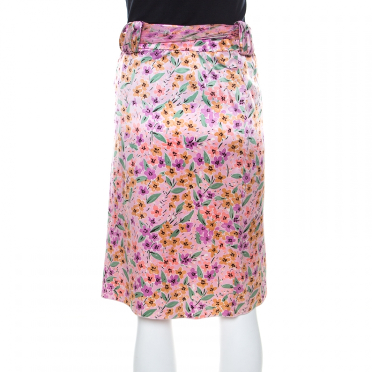 Pre Owned Valentino Purple Floral Print Silk Belted Skirt L