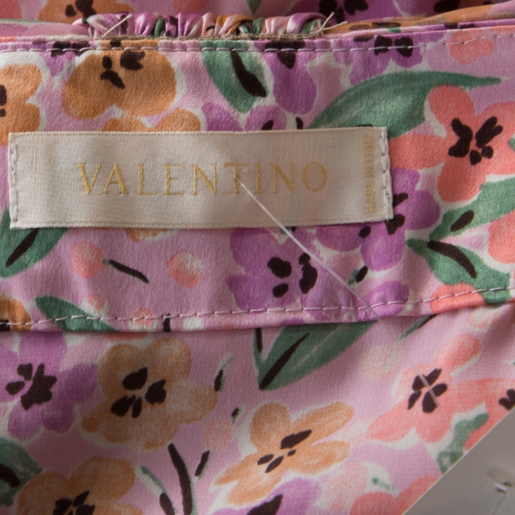 Pre Owned Valentino Purple Floral Print Silk Belted Skirt L