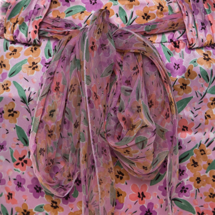 Pre Owned Valentino Purple Floral Print Silk Belted Skirt L