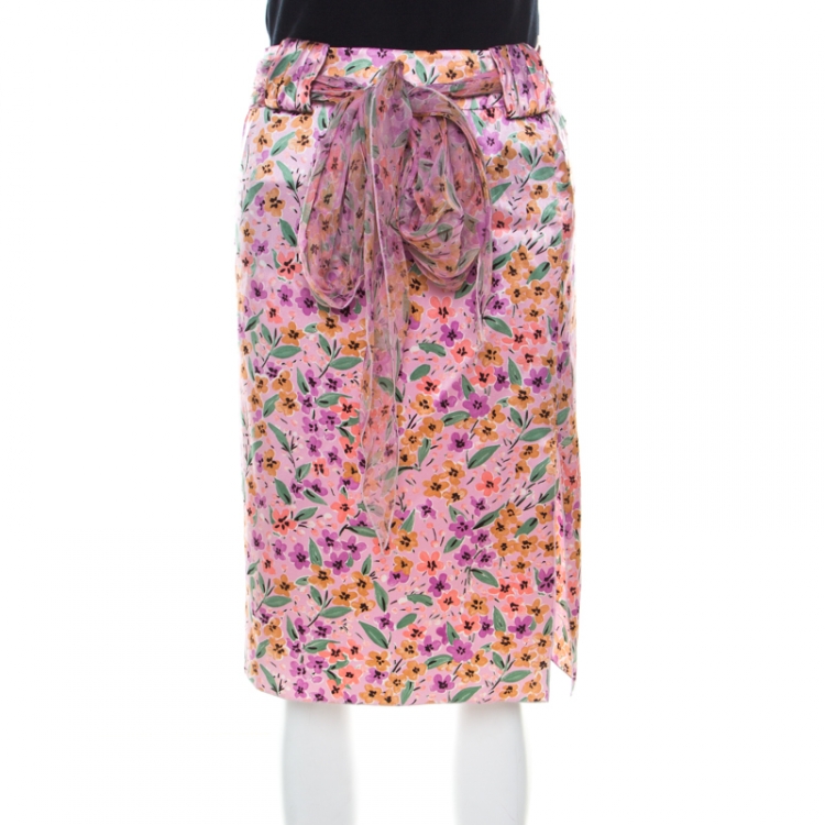 Pre Owned Valentino Purple Floral Print Silk Belted Skirt L