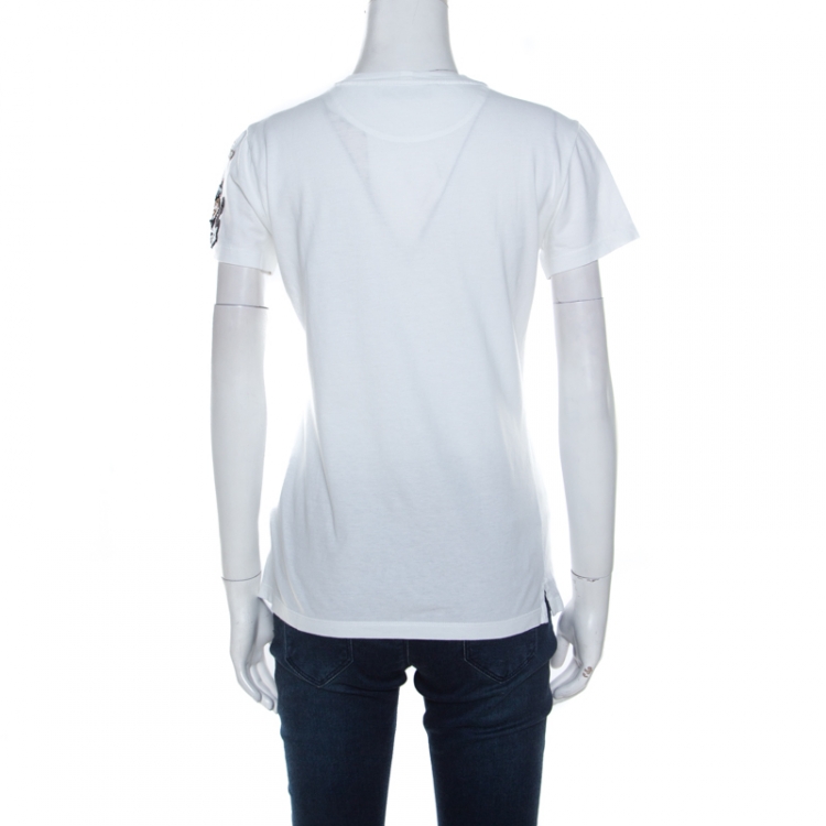 Pre Owned Valentino White Cotton Jersey Knit Heart and Bird Embellished T-Shirt S
