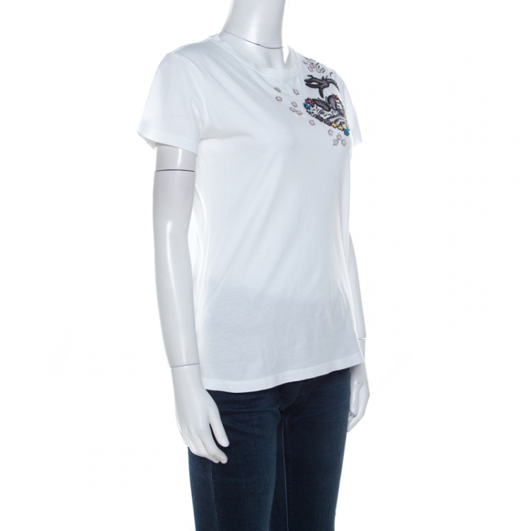 Pre Owned Valentino White Cotton Jersey Knit Heart and Bird Embellished T-Shirt S