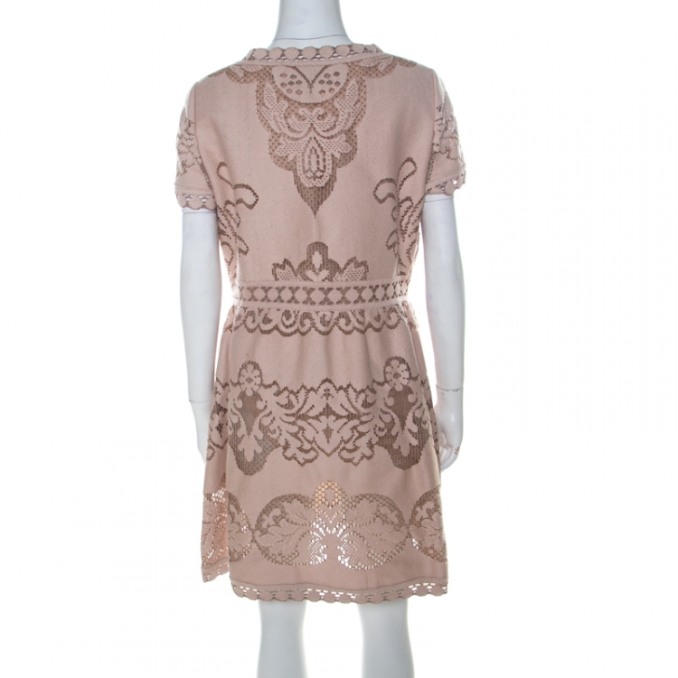 Pre Owned Valentino Beige Floral Cotton Lace Button Front Dress L