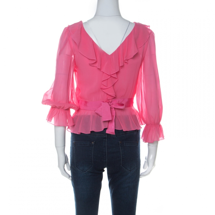 Pre Owned Valentino Red Pink Silk Waist Tie Detail Ruffle V-Neck Blouse S