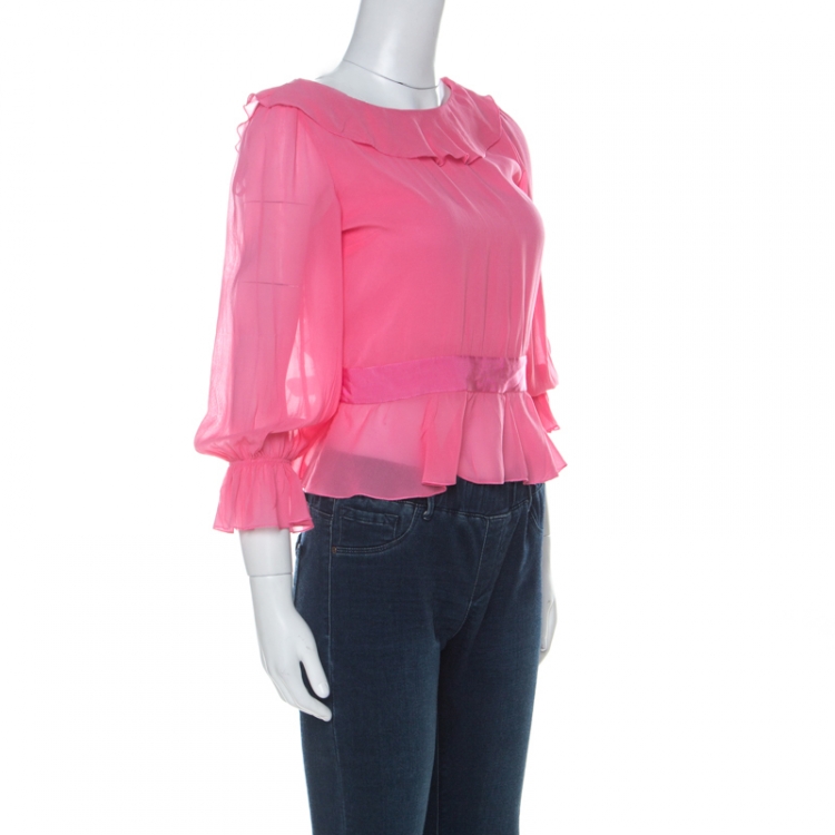 Pre Owned Valentino Red Pink Silk Waist Tie Detail Ruffle V-Neck Blouse S