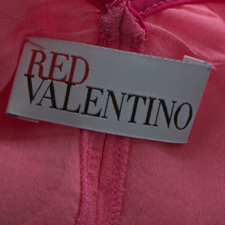 Pre Owned Valentino Red Pink Silk Waist Tie Detail Ruffle V-Neck Blouse S
