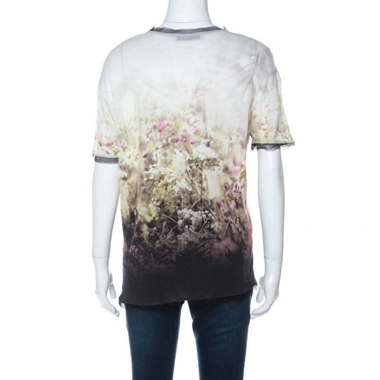Pre Owned Valentino T-Shirt Couture Multicolor Printed Knit Mesh Trim Detail T-Shirt L