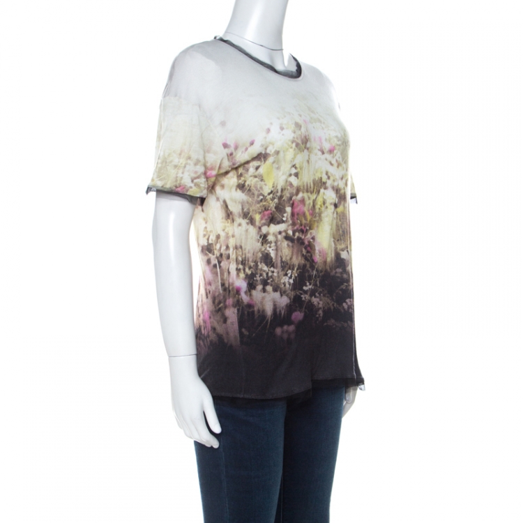 Pre Owned Valentino T-Shirt Couture Multicolor Printed Knit Mesh Trim Detail T-Shirt L