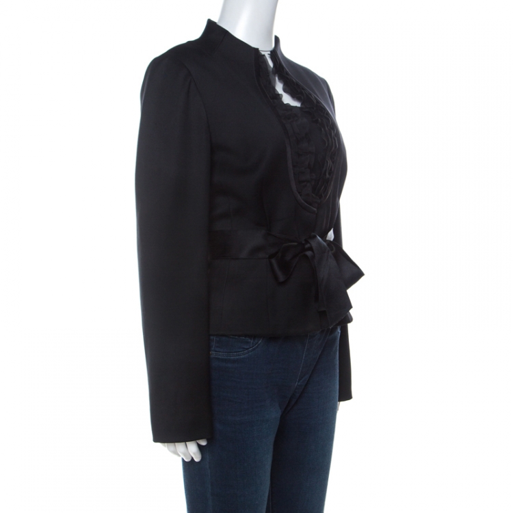 Pre Owned Valentino Black Wool Ruffle Front Detail Stand Collar Jacket XL 