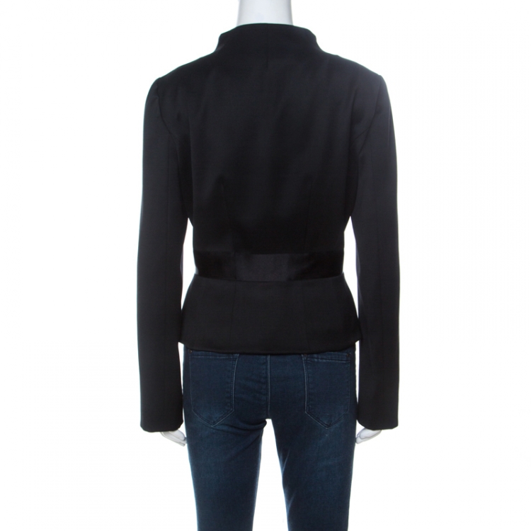 Pre Owned Valentino Black Wool Ruffle Front Detail Stand Collar Jacket XL 