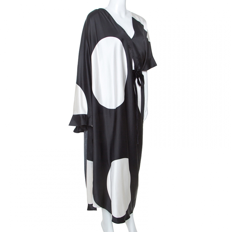 Pre Owned Valentino Monochrome Maxi Polka Dot Print Satin Asymmetric Dress L