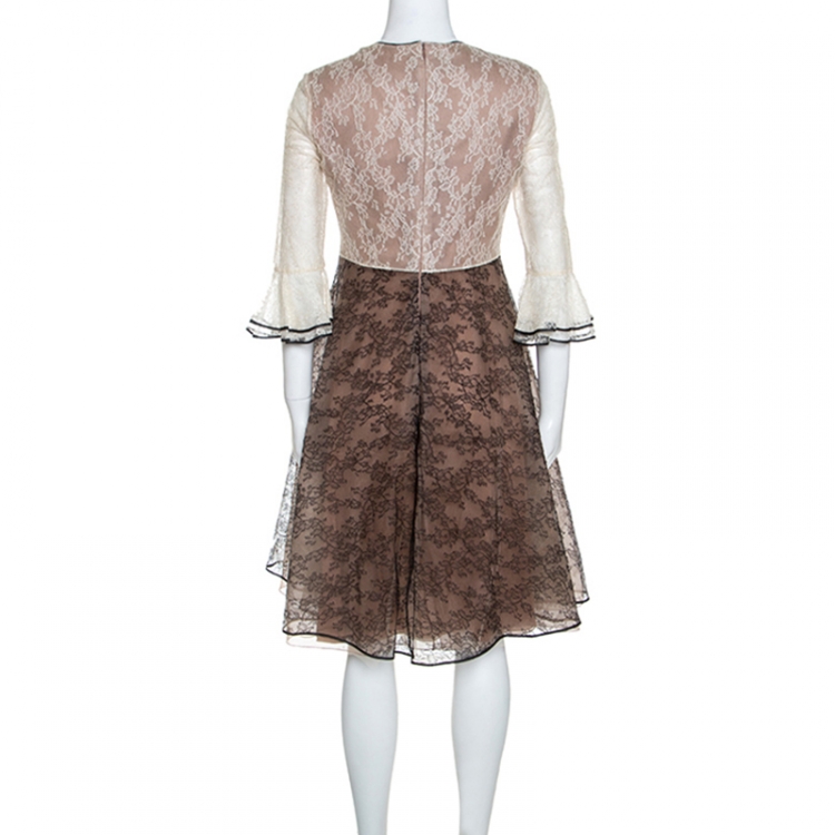 Pre Owned Valentino Bicolor Lace Tulip Sleeve Dress M