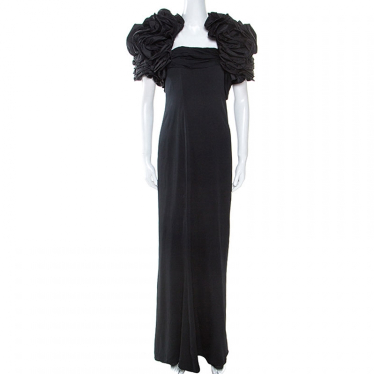 Pre Owned Valentino Black Silk Bow Detail Strapless Gown and Ruffled Bolero Set L