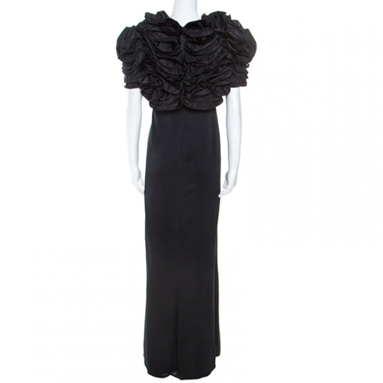 Pre Owned Valentino Black Silk Bow Detail Strapless Gown and Ruffled Bolero Set L