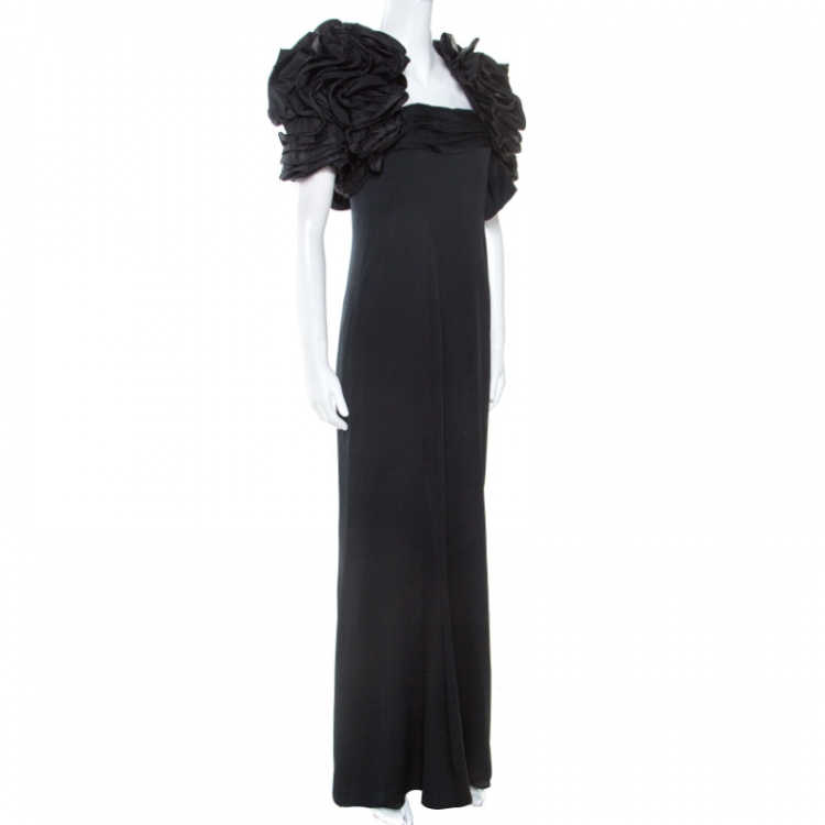 Pre Owned Valentino Black Silk Bow Detail Strapless Gown and Ruffled Bolero Set L