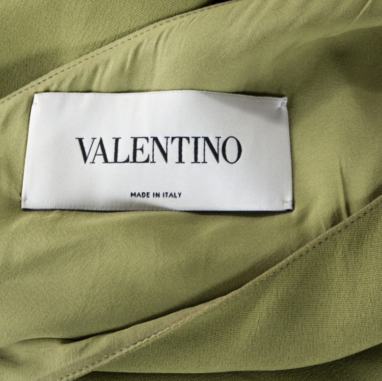 Pre Owned Valentino Green Silk Crepe Flared One Shoulder Dress M