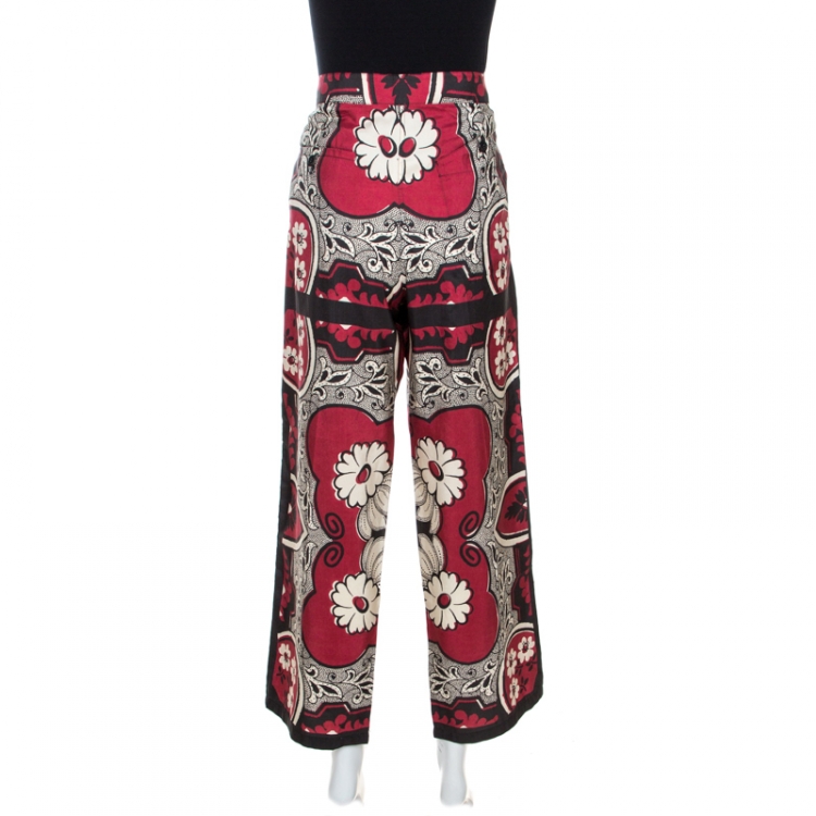 Pre Owned Valentino Maroon Floral Print Silk Wide Leg Pants L