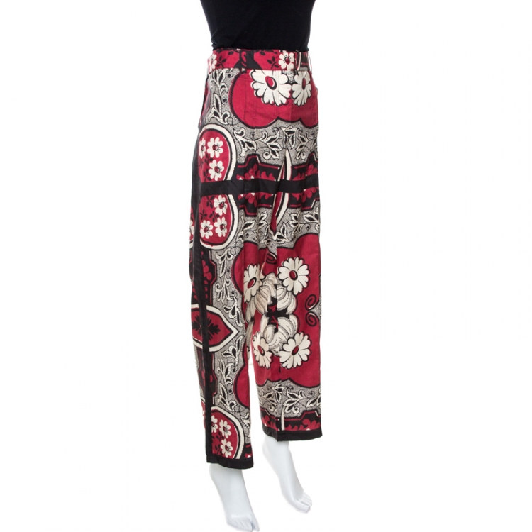 Pre Owned Valentino Maroon Floral Print Silk Wide Leg Pants L