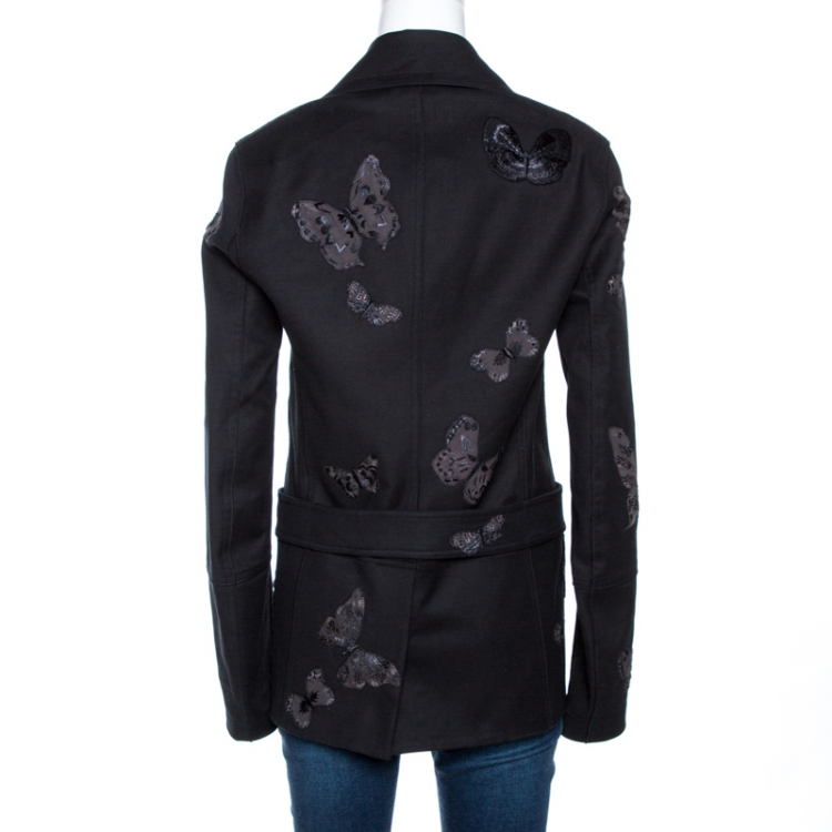 Pre Owned Valentino Black Butterfly Appliqued Cotton Double Breasted Coat M