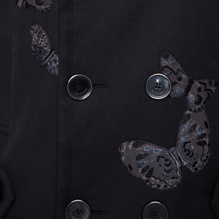 Pre Owned Valentino Black Butterfly Appliqued Cotton Double Breasted Coat M