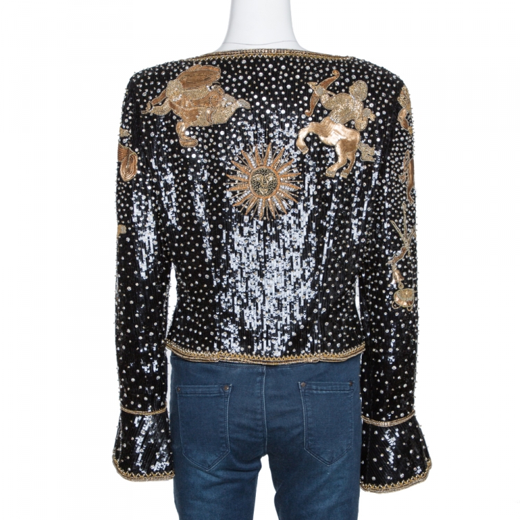 Pre Owned Valentino Boutique Vintage Black Astrology Embellished Velvet Trim Jacket L
