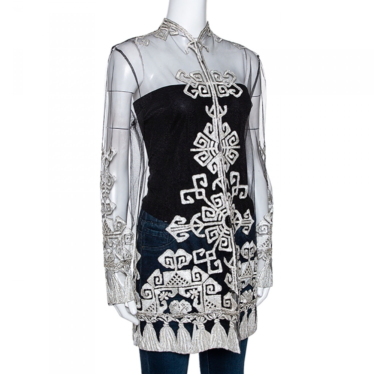 Pre Owned Valentino Boutique Black Mesh Embroidered & Embellished Sheer Top M