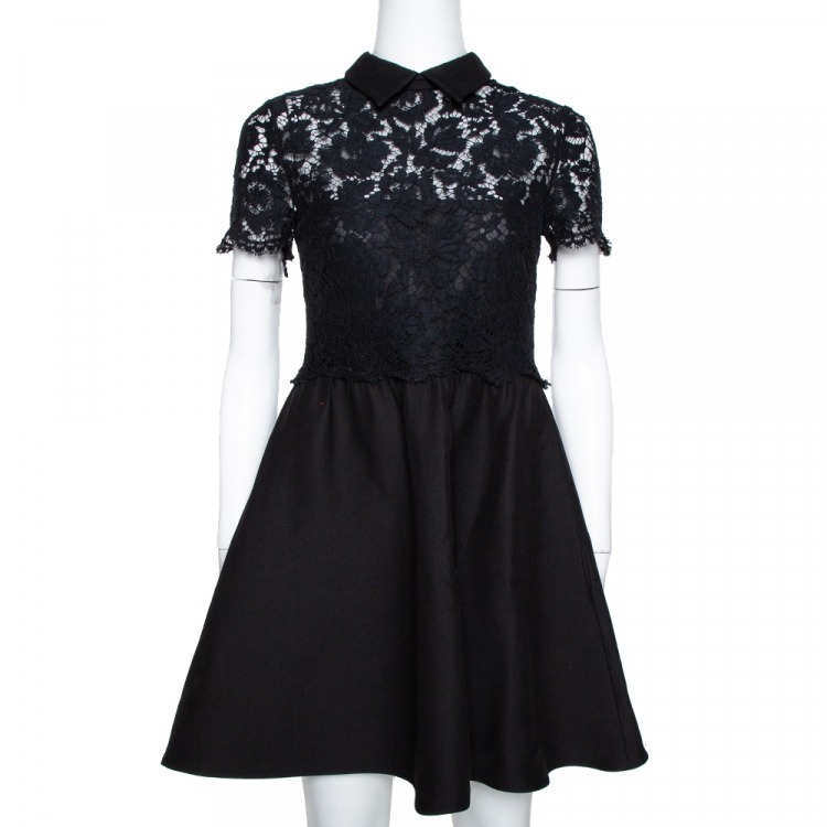 Pre Owned Valentino Black Lace & Wool Collared A-Line Dress M 