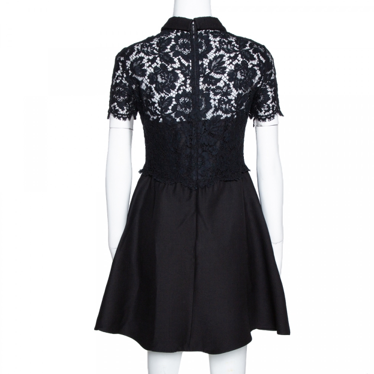 Pre Owned Valentino Black Lace & Wool Collared A-Line Dress M 