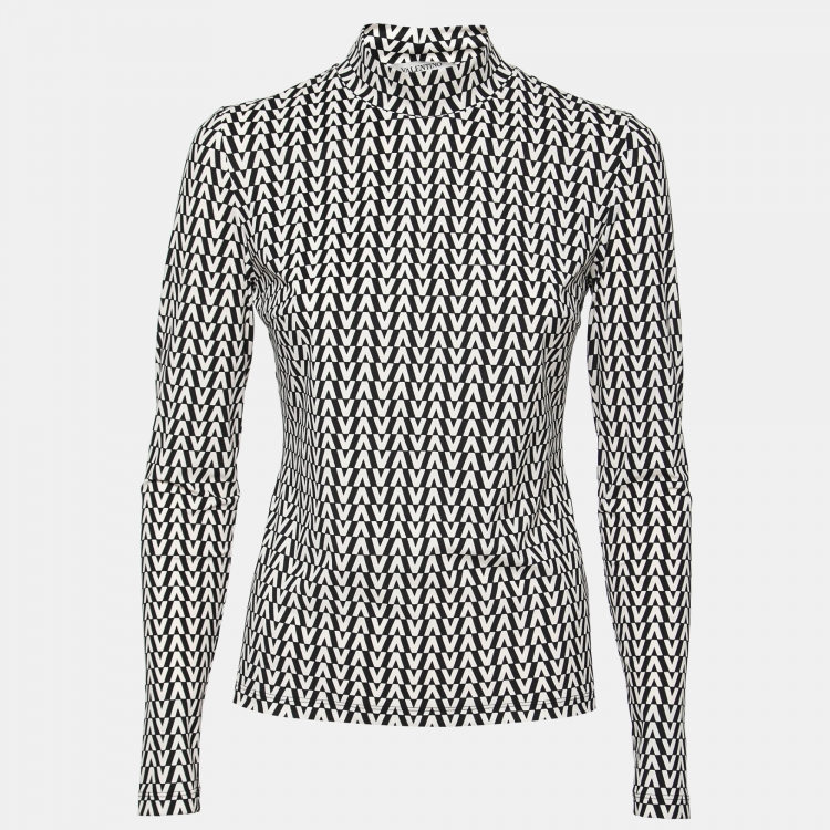 Pre Owned Valentino Black Printed Stretch-Jersey High-Neck Top M